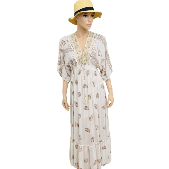 Zury Dresses & Skirts - Zuri Embroidered Boho Maxi Dress Gold Embroidered Tassel V-Neck Free Size